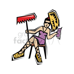 This clipart image depicts a stylized woman sitting and relaxing. She holds a rake in one hand, suggesting she may have been engaged in gardening or farm work. However, she appears to be taking a break or perhaps shirking her duties, as indicated by the relaxed posture and the presence of a cell phone in her other hand, which she seems to be looking at or using. The image conveys a sense of leisure or a break from work on a farm or garden.