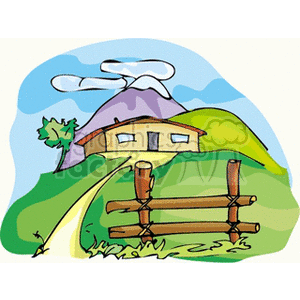The image depicts a stylized illustration of a rural or pastoral scene. It features a house situated on rolling hills with a wooden fence in the foreground. A road appears to lead up to or pass by the house. In the background, there's a tree and a mountain with snow on its peak. Above, there are clouds in the sky, suggesting an open, country atmosphere.