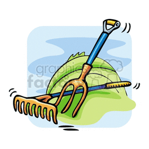 The image is a colorful clipart that features a pitchfork and a rake crossed over each other, set against the backdrop of a green hill which suggests an agricultural field. The sky is indicated with a light blue color in the background. The movement lines around the tools give the impression that they might have been recently used or are in the process of being used.
SEO title for the image: Agricultural Tools Clipart - Rake and Pitchfork on Field Background