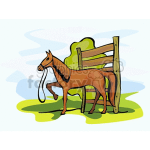 This clipart image features a brown horse with a bridle or halter, standing next to a wooden fence. In the background, there is a simple representation of a green tree. The setting suggests a rural or farm-like environment.
