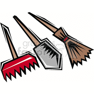 Gardening Essentials - Rake, Shovel, and Broom