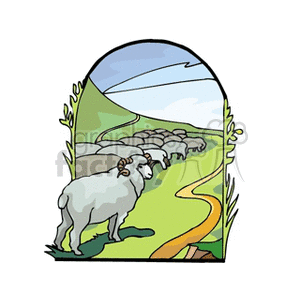 The clipart image depicts a pastoral scene with a flock of sheep, including a prominent ram in the foreground. The landscape includes green fields, a winding path, and a clear sky, framed within an arch-like border with tufts of grass.
