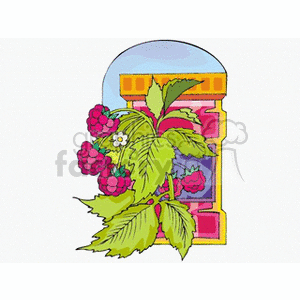 Stylized Raspberry Plant with Ripe Berries and Flower