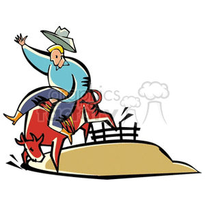 The clipart image depicts a stylized portrayal of a cowboy riding a bull. The cowboy is wearing a hat and waving one arm in the air, which is a common depiction of rodeo bull riding. The bull is depicted in a dynamic pose, indicating movement, and there is a fence in the background suggesting a rural or farm setting.