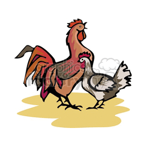 This is a clipart image featuring a colorful rooster with predominant shades of red and grey. The rooster is standing on what appears to be a patch of ground or surface.
