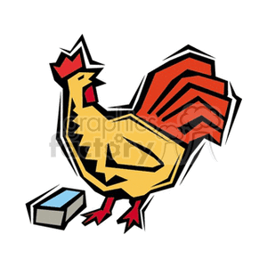 The image is a stylized cartoon clipart of a rooster. It features bold outlines and primary colors, with the rooster depicted in a side profile. It is standing next to what appears to be a small, simplistic feed box or water trough.