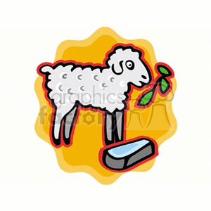   The clipart image shows a cartoon of a baby lamb or sheep. The sheep is standing on a grassy background, depicted by a yellow blob-like shape. It