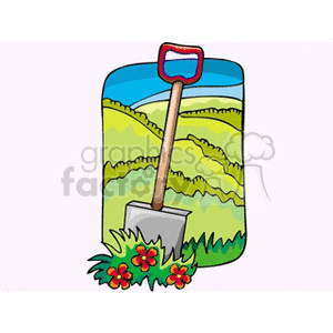 This clipart image depicts a cartoon-style illustration of a shovel with a blue handle stuck in the ground. The ground is depicted with tufts of green grass and a few red flowers with green leaves. In the background, there are rolling green hills under a blue sky. It's a simple and colorful representation, often associated with gardening, agriculture, or lawn care.