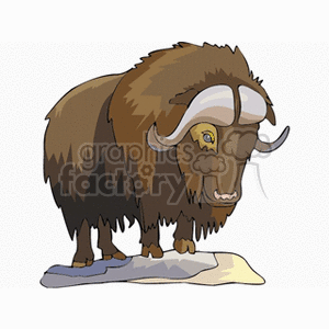 The clipart image features a stylized representation of a bison, also commonly referred to as a buffalo, standing on a patch of ground. The bison is depicted with shaggy brown fur, curved horns, and a calm expression.