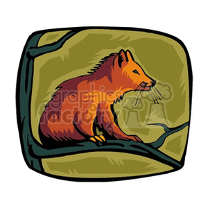 The image is a stylized clipart of a musteline animal that resembles a small, reddish-brown pine marten or weasel, with prominent whiskers and a bushy tail, sitting on a rock or ground with a simple green background. The style is bold and cartoonish with thick outlines and a limited color palette.