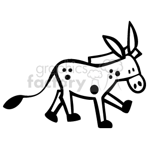 The image is a line art drawing of a donkey that is walking. It has a long snout, large ears, and a tuft of fur on its tail. The donkey is facing towards the right and some of its legs are in the air.