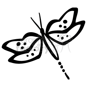 The image is a drawing of a dragonfly with thin, delicate wings and a long body. It has spots on its wings