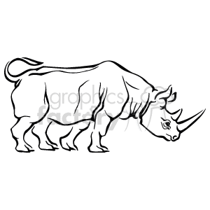 The image is a black-and-white drawing of a rhino. The rhino is standing sideways facing to the right. It looks in a posture as if it is about to charge 