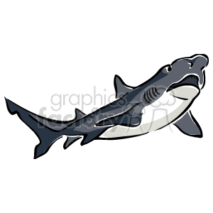 The image depicts a stylized illustration of a great white shark. The shark is presented in a side profile, highlighting features such as its pointed snout, prominent dorsal fin, and the characteristic counter-shaded coloration of grey on the top with a lighter underbelly.
