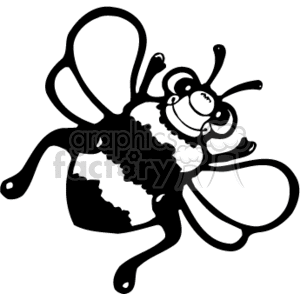 The clipart image shows a black and white drawing of a bumblebee in a country-style. The bee is depicted with a round body, thin stripes on its abdomen, wings, and six legs. The bee is facing forward and appears to be buzzing or flying. The background is blank, and the entire image is in black and white.
