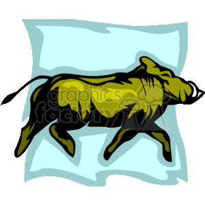 This image depicts a warthog prancing around. The color is a greenish-brown, with a blue background