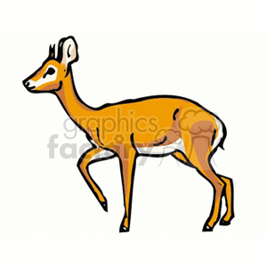The image shows a cartoon representation of a young antelope, which could be identified as a young addax. It features the animal in a side profile with prominent ears, slender legs, and a slim body. There are no visible horns, which might indicate this is a calf or a very young individual, as adult addaxes are known for their distinctive, twisted horns. The coloration in the image suggests the animal is an addax due to the light brown or tan color which is typical for this species found in African regions.