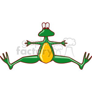 The image shows a cartoon depiction of a green frog with a large yellow belly doing a split. Its limbs are stretched out to the sides, and the frog has a comical expression with bulging, white and red eyes.