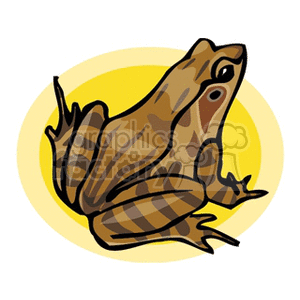 The image is a clipart depicting a stylized brown frog or toad with stripes. The frog is in profile view, and it appears to have a detailed texture on its skin that suggests a natural pattern. The background is a simple yellow circle, emulating the effect of a spotlight or the sun.