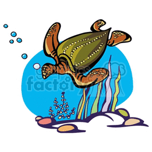 The clipart image depicts a colorful sea turtle swimming underwater. The turtle is illustrated with a patterned shell and is shown amidst a backdrop of seaweed and coral, with bubbles ascending towards the surface. The seabed is suggested by outlines of rocks and plants.