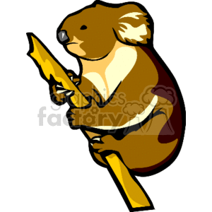 The clipart image shows a brown-colored koala bear sitting on a tree limb while climbing or holding onto it with its front and hind legs.
