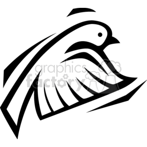 A black and white clipart image of a stylized bird in flight with an abstract, geometric design.
