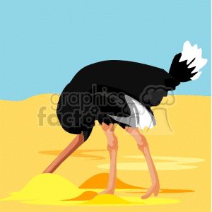 Clipart image of an ostrich with its head buried in the sand on a desert background.