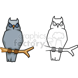 Clipart image of an owl perched on a branch in two styles: one colored and one in black and white.