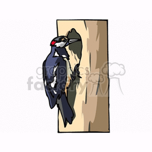 A clipart image of a woodpecker perched on the side of a tree trunk.