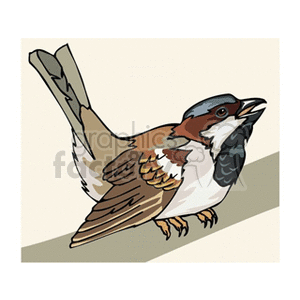 A detailed clipart image of a small bird, possibly a sparrow, sitting on a branch and chirping. The bird has brown, white, and black feathers.