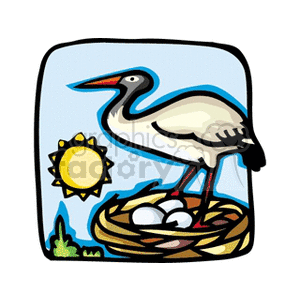 A clipart image of a bird standing in its nest with two eggs. The background includes the sun and some vegetation.