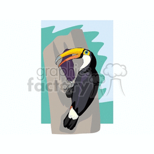 This clipart image showcases a brightly colored toucan with a vibrant yellow and orange beak perched on a branch against a stylized background.