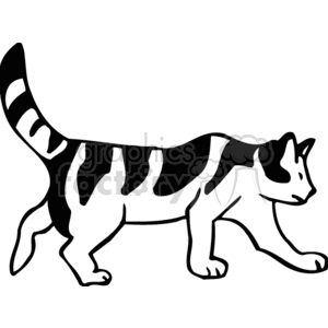 The image is a black and white clipart of a domestic cat. The cat appears to be walking, depicted in a side profile with a striped pattern on its fur.