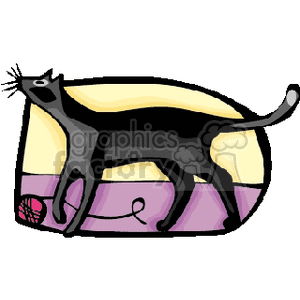 This clipart image features a stylized black cat with prominent eyes and whiskers, standing over what appears to be a purple and yellow cushion or bed. The cat looks playful and is reaching out towards a pink ball of yarn that lies in front of it.