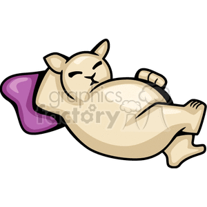 Fat cartoon cat lounging on a purple pillow