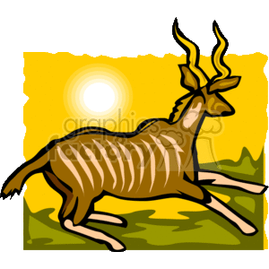 The clipart image shows a drawing of a Bongo gazelle in mid-leap. The gazelle has long, slender legs and curved horns, and its body is stretched out. The sun is shining in the background with lush grass on the floor