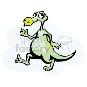   The image is a cartoon representation of a dinosaur which appears to be designed in a humorous and light-hearted style. The dinosaur is bipedal, meaning it