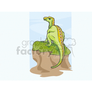 The image displays a colorful, stylized cartoon of a dinosaur sitting on a green, grassy mound or rock with a light blue and white background that suggests the sky. The dinosaur has a prominent head crest, diamond-shaped patterns along its back, and a long, curved tail.