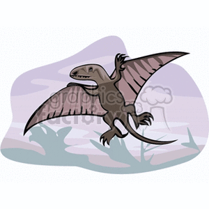 The image shows a stylized clipart of a pterodactyl, which is a type of flying dinosaur or pterosaur. It's depicted with its wings spread, likely in mid-flight, against a backdrop that seems to represent the sky and some foliage or vegetation at the bottom.