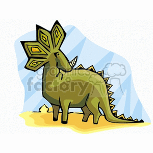 The clipart image depicts a stylized, cartoonish dinosaur with a large, fan-like crest on its head and a row of spikes down its back. It is standing on what appears to be sandy ground with a blue background that could suggest the sky or a mountainous backdrop.