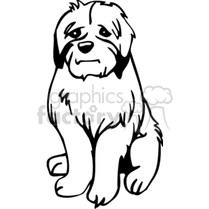 The image is a black and white clipart illustration of a dog. It features a seated canine with shaggy fur, droopy ears, and a slightly sad or thoughtful facial expression.