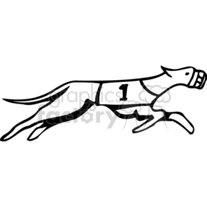The clipart image depicts a stylized representation of a racing greyhound. The dog is shown in full stride, wearing a racing blanket with the number 1 on it, typically indicative of its participant number in a race.