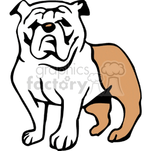 The clipart image features a stylized illustration of a bulldog. The bulldog is depicted in a sitting position with characteristic facial wrinkles and a muscular build. It has a fur pattern with contrasting colors, typically a light tan and white.