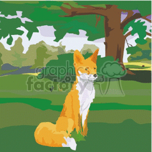 The clipart image features a fox sitting in a forest setting with trees and greenery in the background.