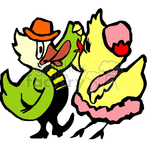 The image is a stylized clipart featuring two anthropomorphized farm animals that appear to be a duck and a chicken. They are portrayed in a whimsical fashion, suggesting a romantic relationship or a dance between the two, with the duck wearing a hat and the chicken adorned with a flower or bow. Both animals are upright, like humans, and the duck appears to be holding the chicken's wing, much like a couple might hold hands.