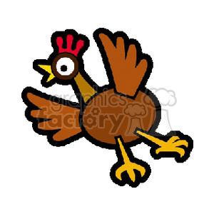 This is a cartoon image of a brown chicken with wings spread as if it is flying. The chicken appears to be surprised or shocked, as indicated by its wide-open eye and beak. It's a simple, stylized representation, likely designed for a humorous effect or to appeal to children.