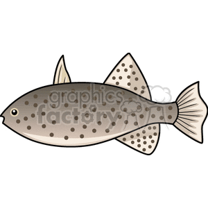 This clipart image contains a cartoon of a spotted fish. It has a dorsal fin, pectoral fins, an anal fin, a caudal (tail) fin, and is colored in shades of grey with darker grey spots.