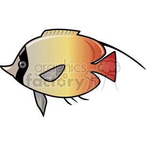 The image is a clipart of a stylized tropical fish. It features bold outlines and simplified shapes to represent the body, fins, and tail, with a color scheme ranging from yellow to orange and red with black and white accents.