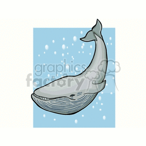 The image displays a cartoon of a single whale characterized by a simplified design with visible strokes and shading to represent its form. The background suggests an underwater environment with various bubble illustrations dispersed around the whale.