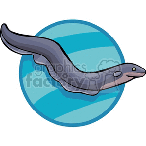 The clipart image features an illustration of a gray eel with a blue, round background that likely represents water. The eel has a long, slender body and a visible eye and mouth, giving it a somewhat lifelike appearance.